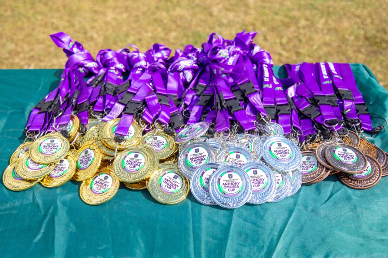 Gold, silver and bronze Anthony Omoera Cup medals on purple ribbons